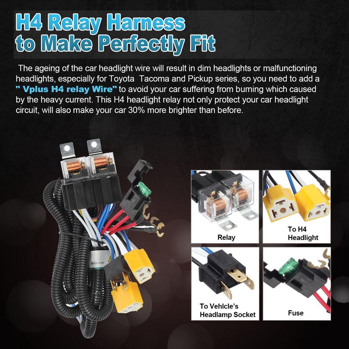 4-Headlight Relay Wiring Harness H4 Headlamp Light Bulb Ceramic Socket